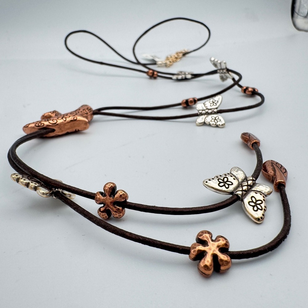 Boho Mixed Metal Butterfly Bird Lariat Necklace Brown Cord Nature Whimsical 36in - Picture 3 of 9